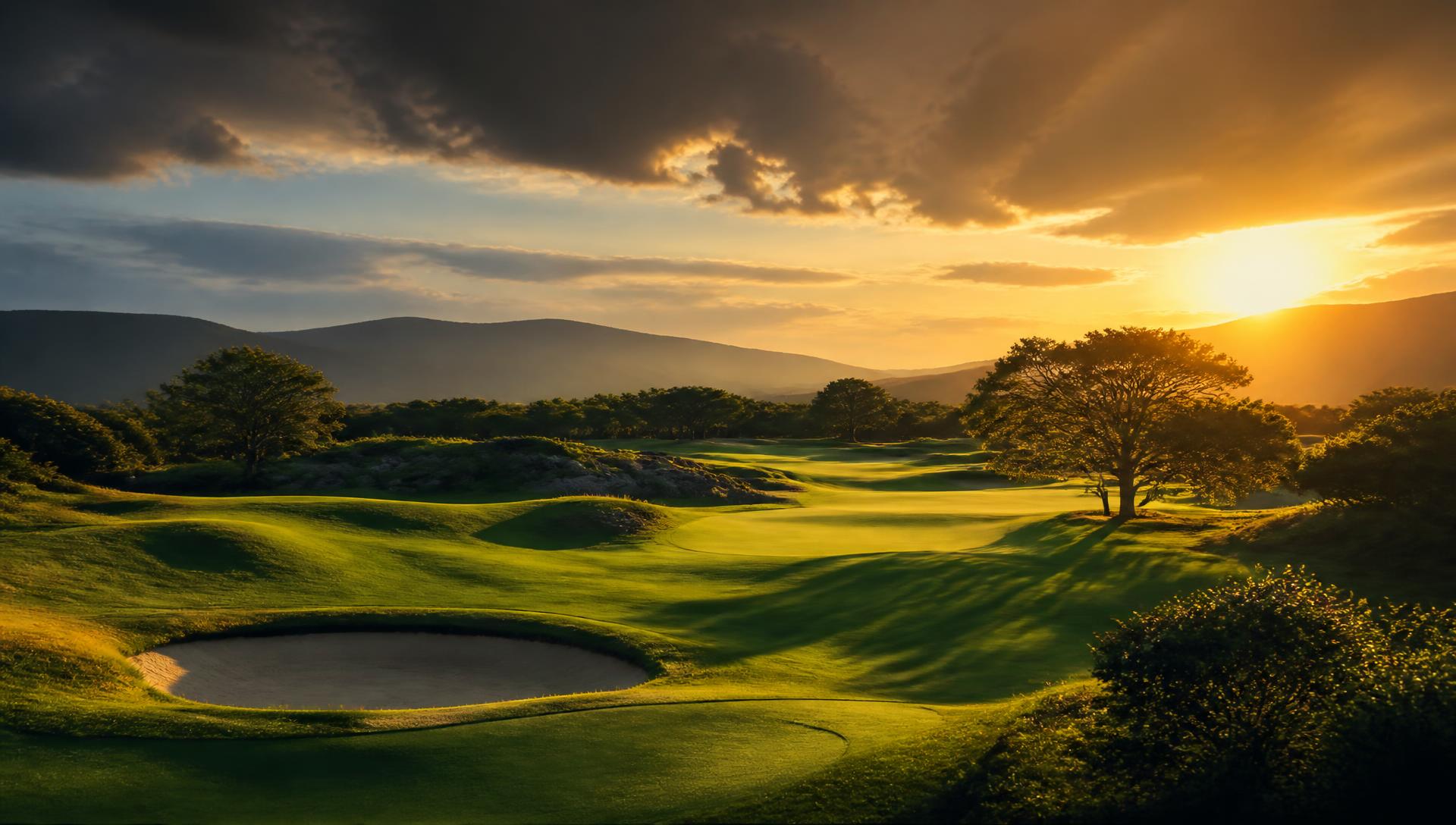 Golf course fairway at sunset